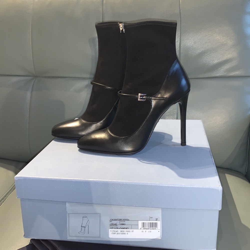 Prada  Authentic NVT Black Suede Sock Leather Mary Jane Bootie